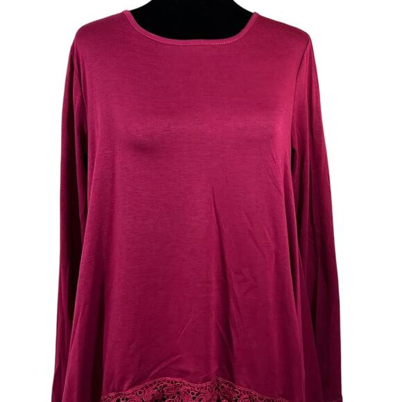 Crochet Accent Tunic Top Scoop Neck Asymmetrical Hem Long Sleeve Large Burgundy - Picture 2 of 11